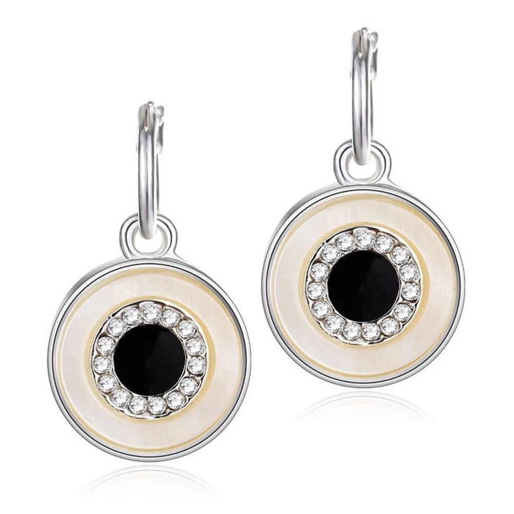 Mother of pearl, cz and black enamel earrings